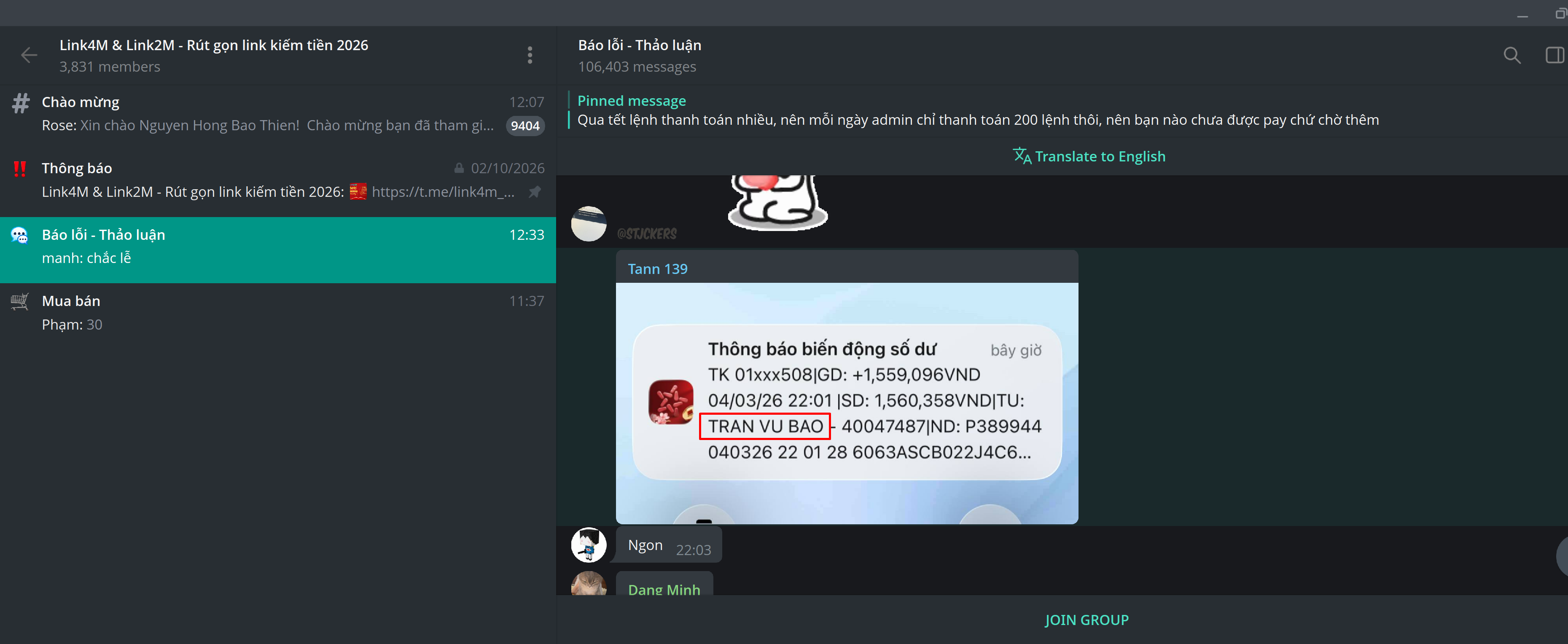 Ảnh chụp màn hình nhóm Telegram