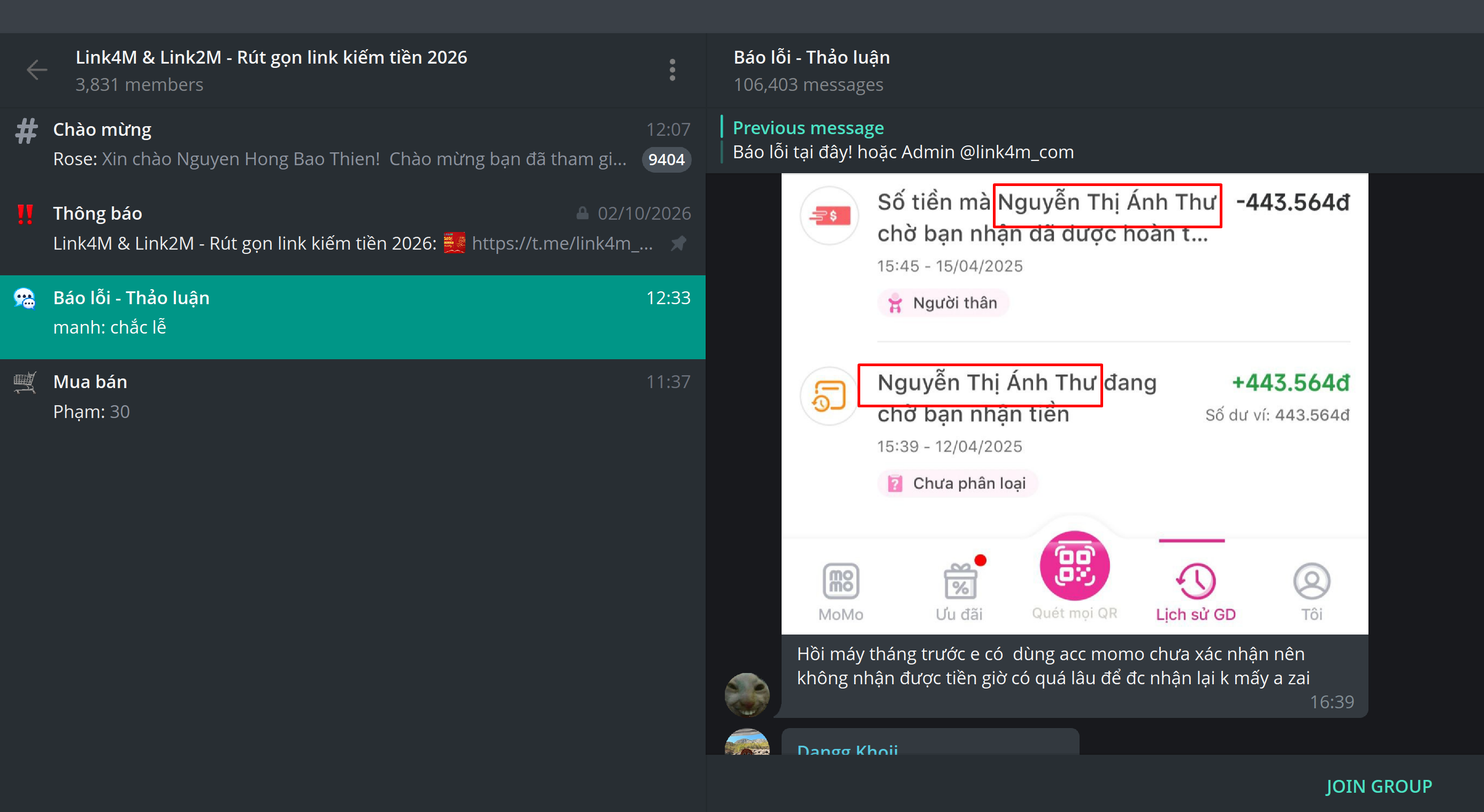 Ảnh chụp màn hình nhóm Telegram
